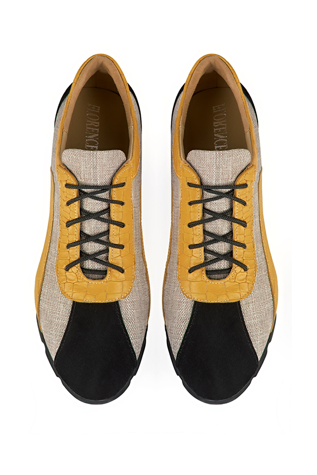 Matt black, natural beige and mustard yellow women's three-tone elegant sneakers. Round toe. Flat rubber soles. Top view - Florence KOOIJMAN
